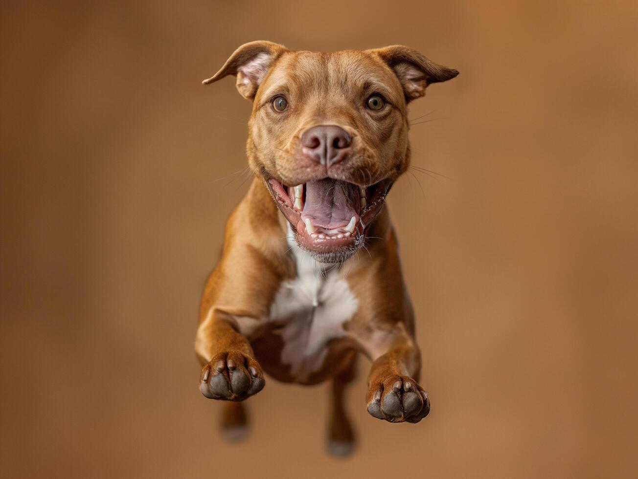 ai gegenereerd hond Aan een bruin achtergrond jumping in midden lucht gelukkig foto