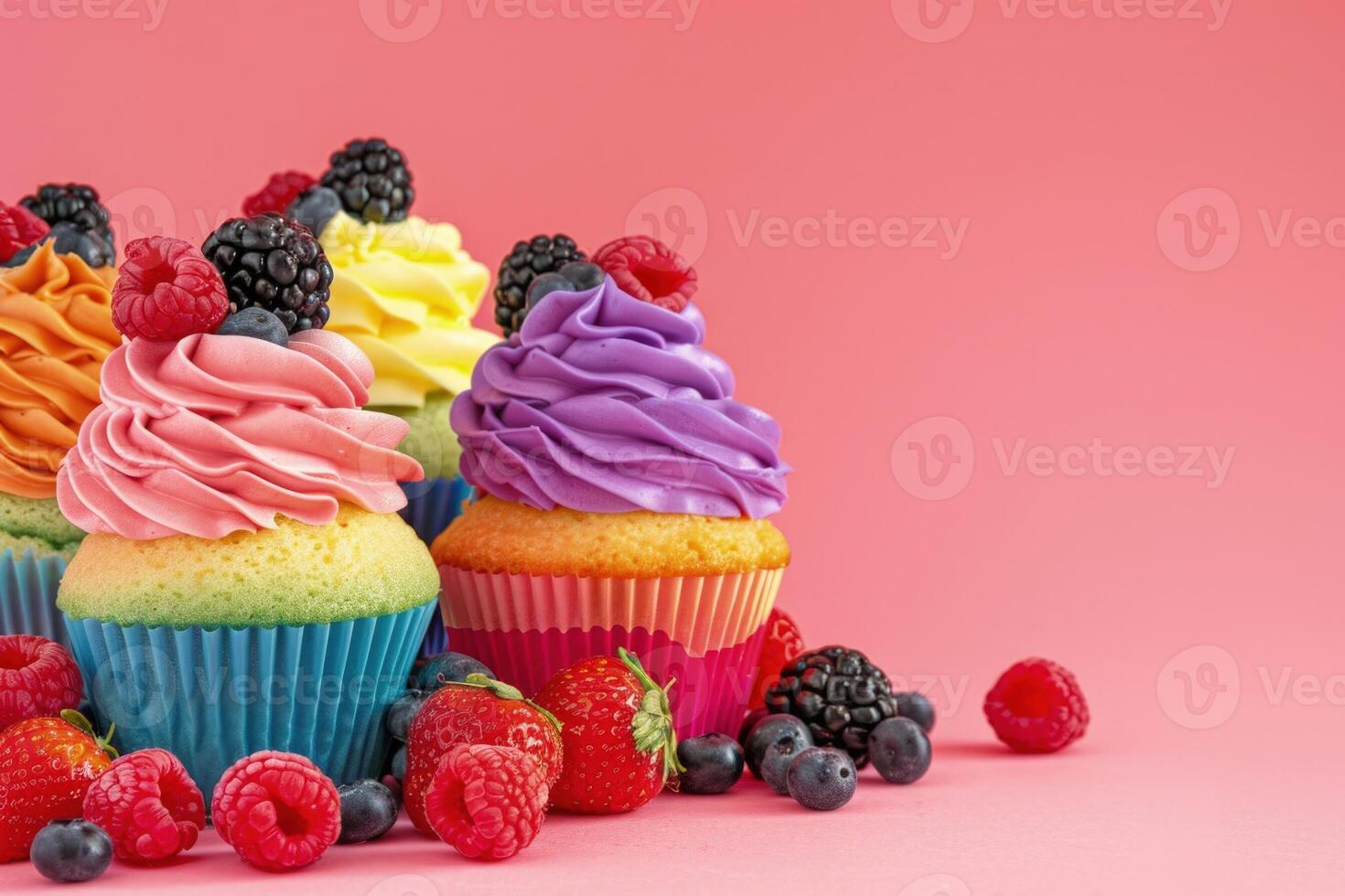 ai gegenereerd smakelijk geassorteerd bessen kleurrijk cupcakes met kleur room Aan roze achtergrond foto