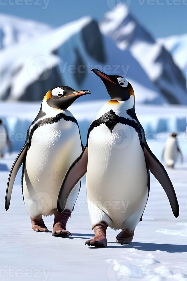 ai gegenereerd twee pinguïns zijn wandelen in gletsjer eiland gedurende winter foto