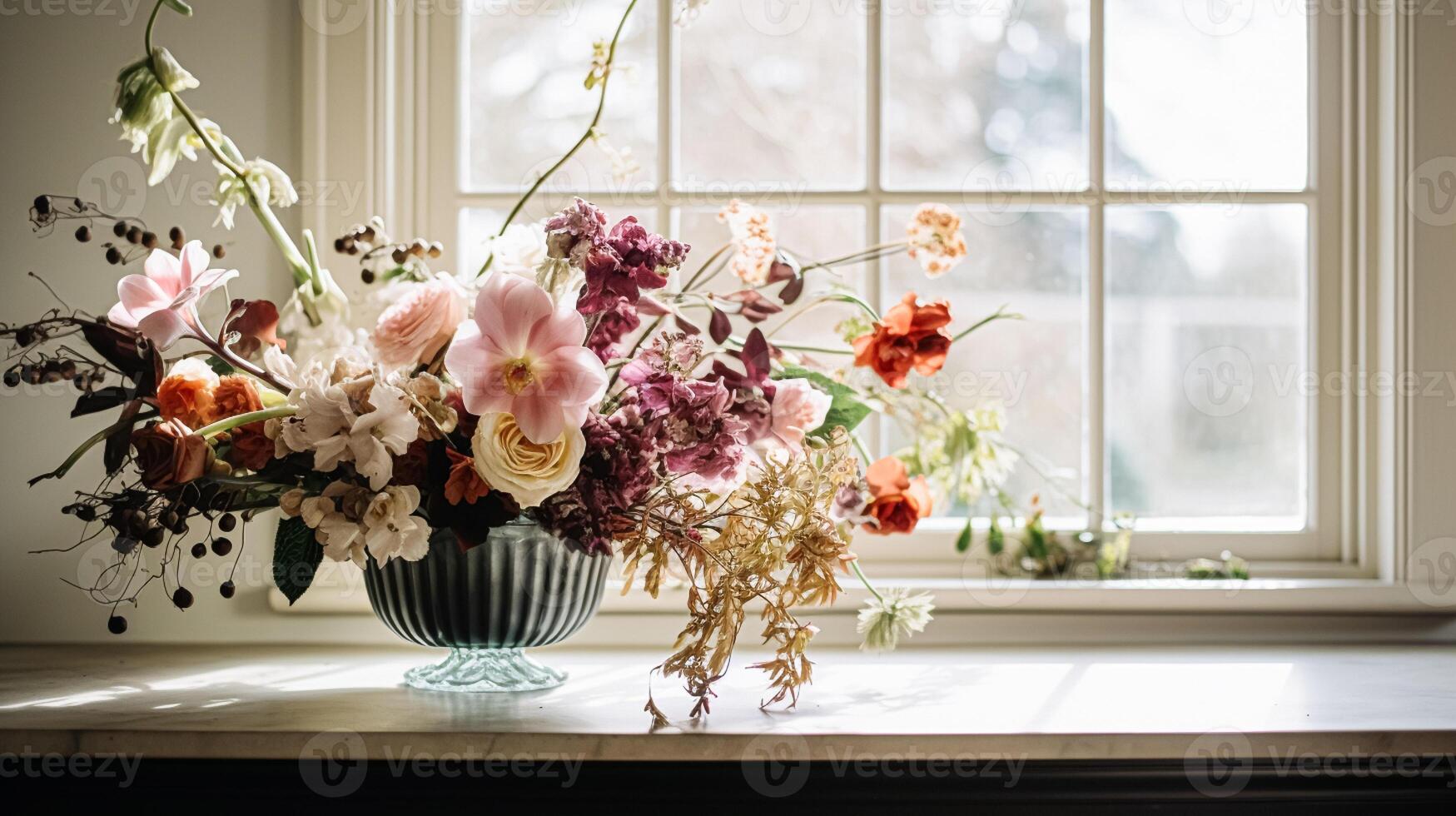 ai gegenereerd bloemen arrangement met winter, herfst of vroeg voorjaar botanisch planten en bloemen foto