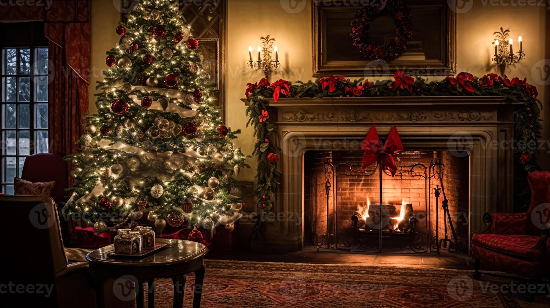 ai gegenereerd Kerstmis Bij de landhuis, Engels platteland decoratie en interieur decor foto