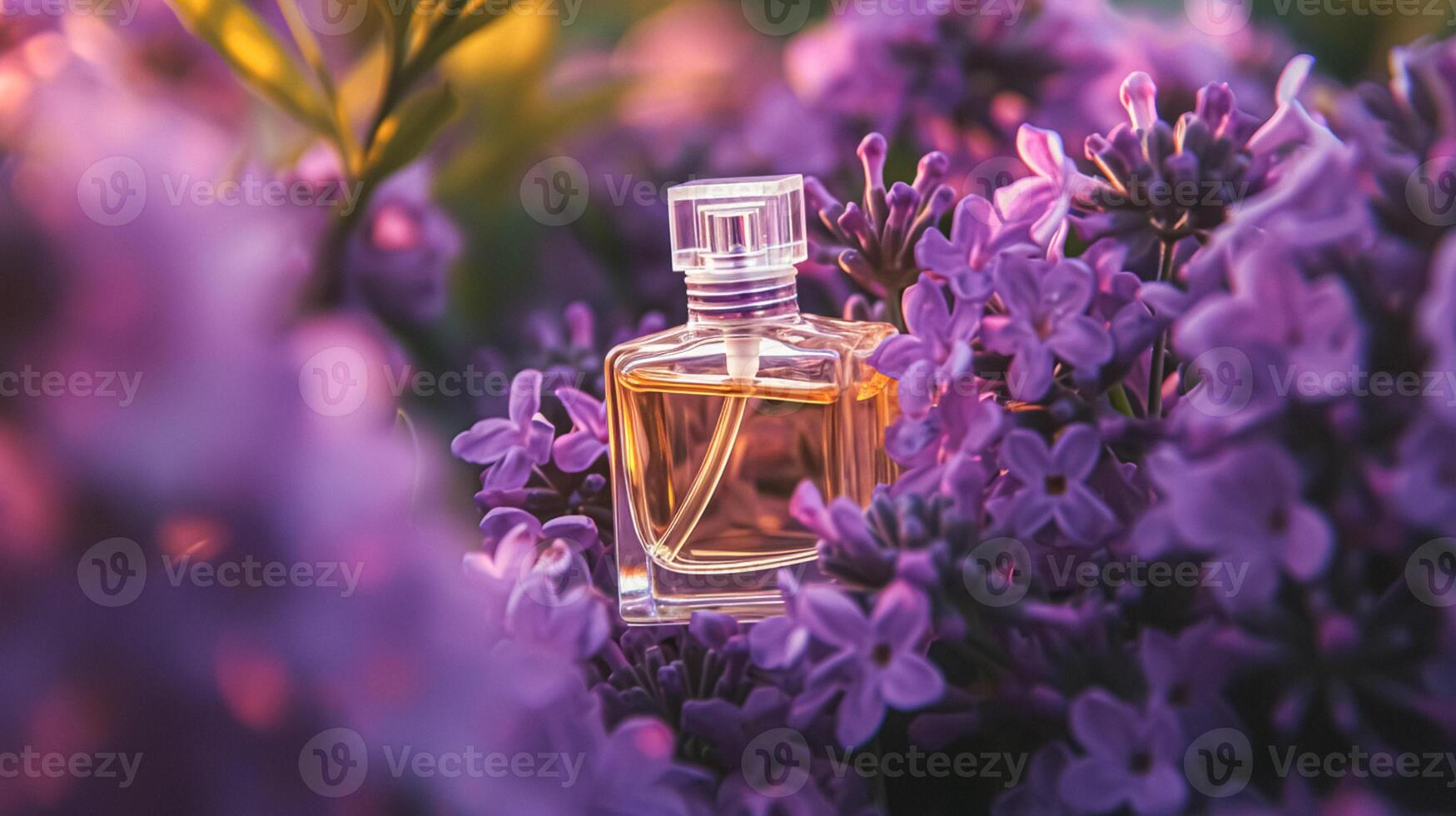 ai gegenereerd parfum fles in bloemen, geur Aan bloeiend achtergrond, bloemen geur en kunstmatig Product foto