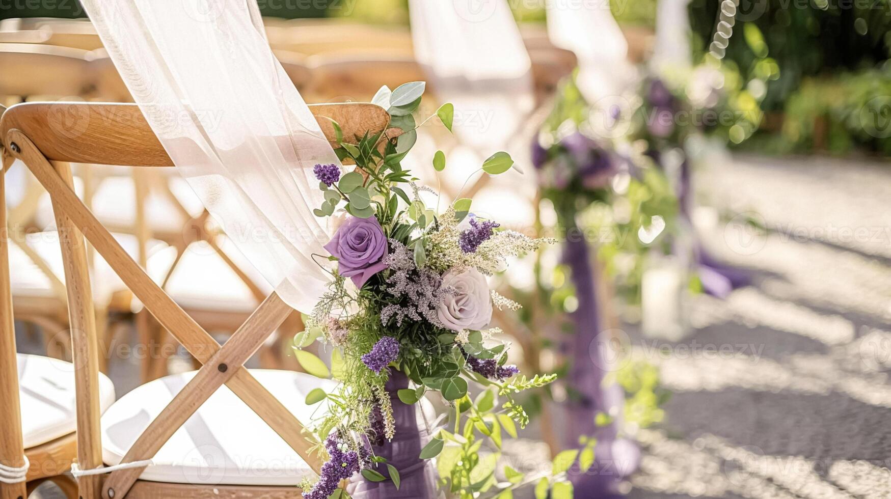 ai gegenereerd bruiloft decor met lavendel thema, bloemen decoratie ontwerp en mooi decor instelling arrangement foto