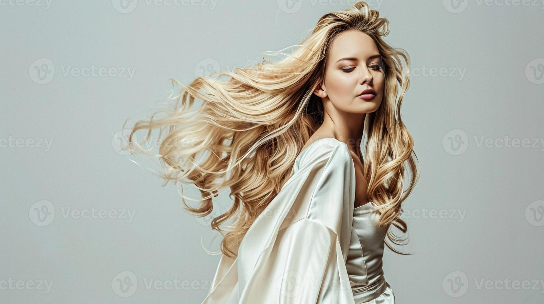 ai gegenereerd blond model- met vloeiende haar, schoonheid, mode kijken en kapsel, gezicht portret van mooi vrouw, voor huidsverzorging cosmetica, haar- zorg, aantrekkingskracht stijl foto