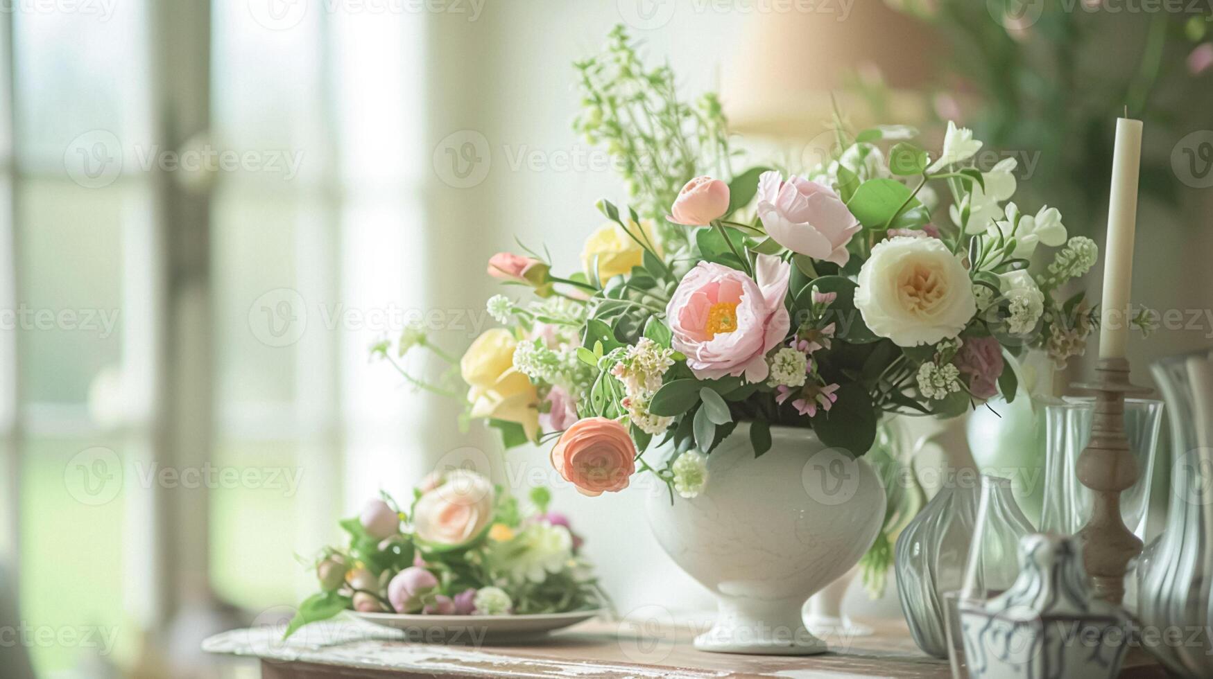 ai gegenereerd voorjaar bloemen in wijnoogst vaas, mooi bloemen regeling, huis decor, bruiloft en bloemist ontwerp foto