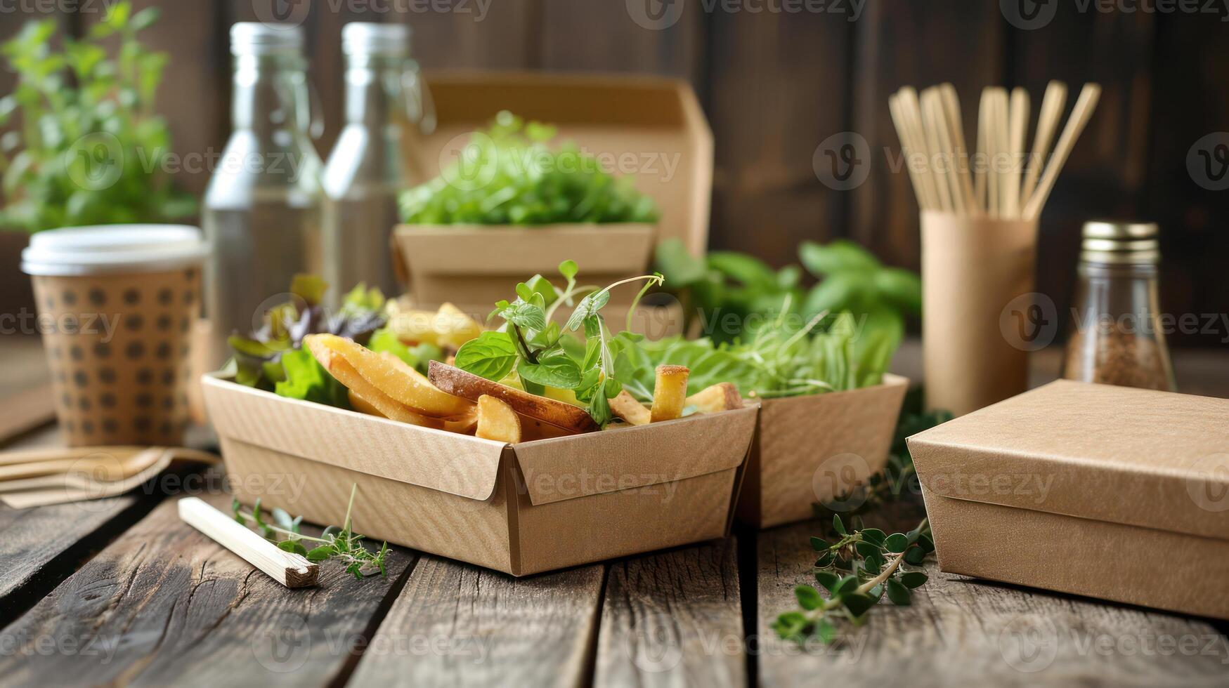 ai gegenereerd duurzame papier verpakking dozen met geleverd voedsel geregeld Aan een rustiek houten tafel. foto