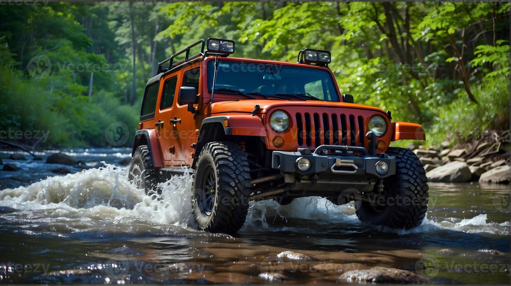 ai gegenereerd modern uit weg voertuig het rijden trog rivier- in de Woud, auto avontuur concept, automotive achtergrond, actie behang foto