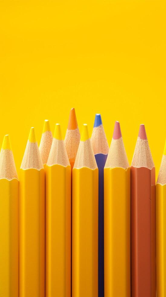 ai gegenereerd selectief focus Aan gekleurde potlood geïsoleerd Aan geel achtergrond, zacht verticaal mobiel behang foto