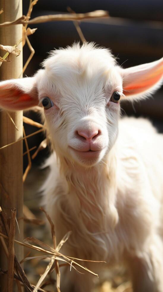 ai gegenereerd charmant boerderij moment wit baby geit Toneelstukken in de buurt bamboe hek verticaal mobiel behang foto