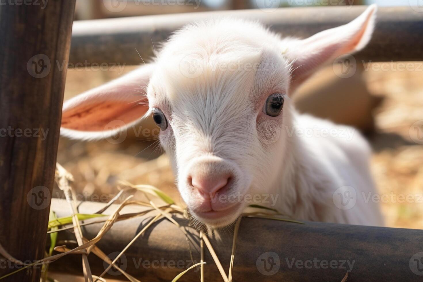 ai gegenereerd charmant boerderij moment wit baby geit Toneelstukken in de buurt bamboe hek foto