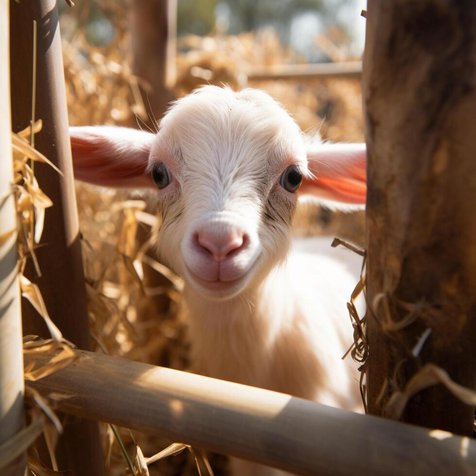 ai gegenereerd aanbiddelijk tafereel baby geit spelen met bamboe hek in boerderij voor sociaal media post grootte foto