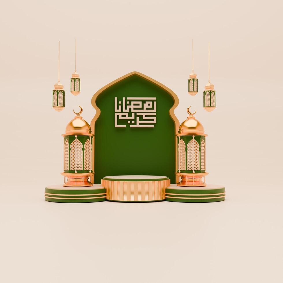 3d geven Ramadan podium achtergrond met lantaarn, moskee, en Islamitisch ornamenten voor sociaal media post sjabloon foto