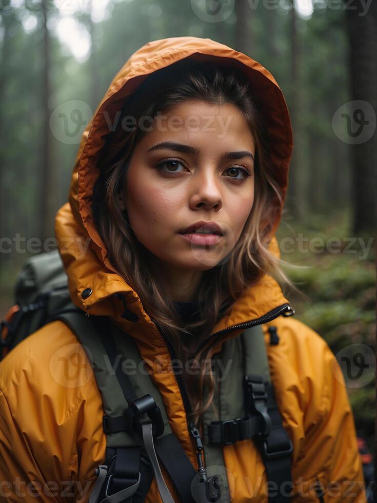 ai gegenereerd een meisje in een Oranje Geel jasje, staand in een nevelig Woud foto