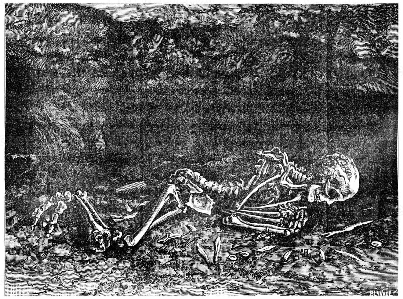 de fossiel Mens gevonden in 1872 in een grot in menton, nu in de museum van Parijs, wijnoogst gravure. foto