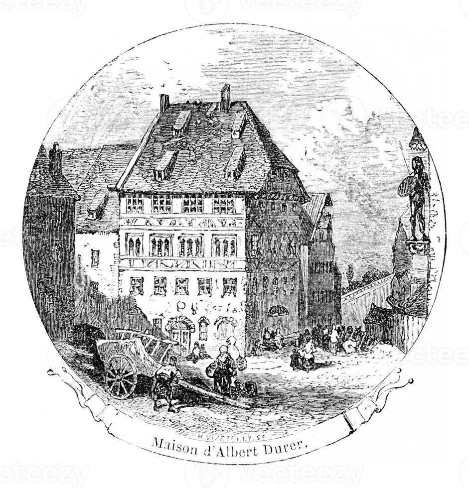 albrecht Durer's huis, wijnoogst gravure. foto