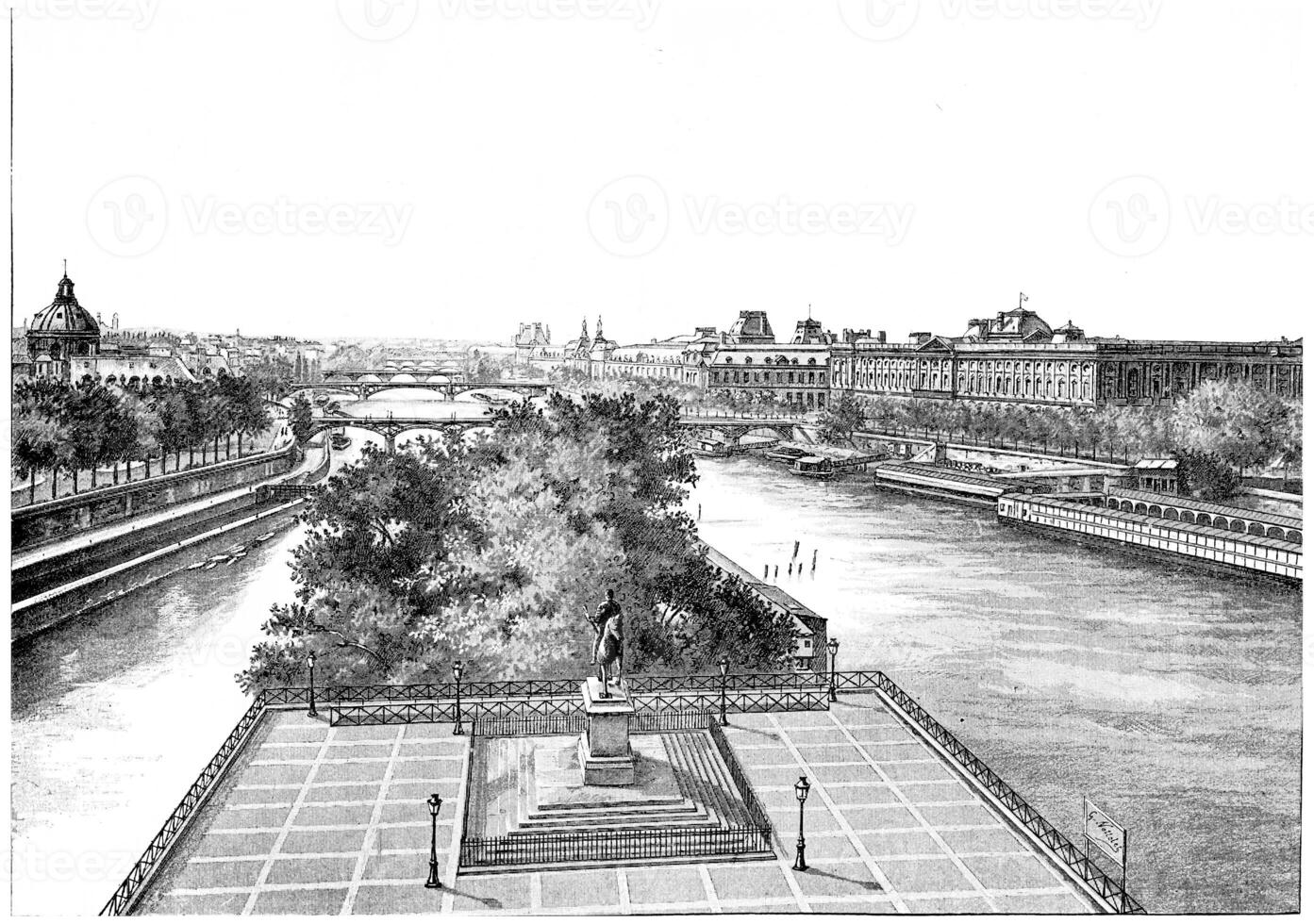 de platform van de pont-neuf en de standbeeld van henri iv, wijnoogst gravure. foto