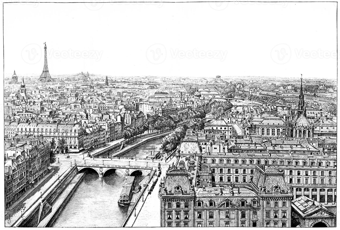 panorama van de Seine in de buurt notre dame, wijnoogst gravure. foto