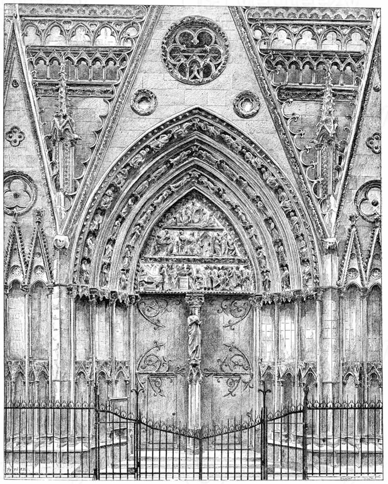 buitenkant houtwerk van de koor van Notre Dame, wijnoogst gravure. foto