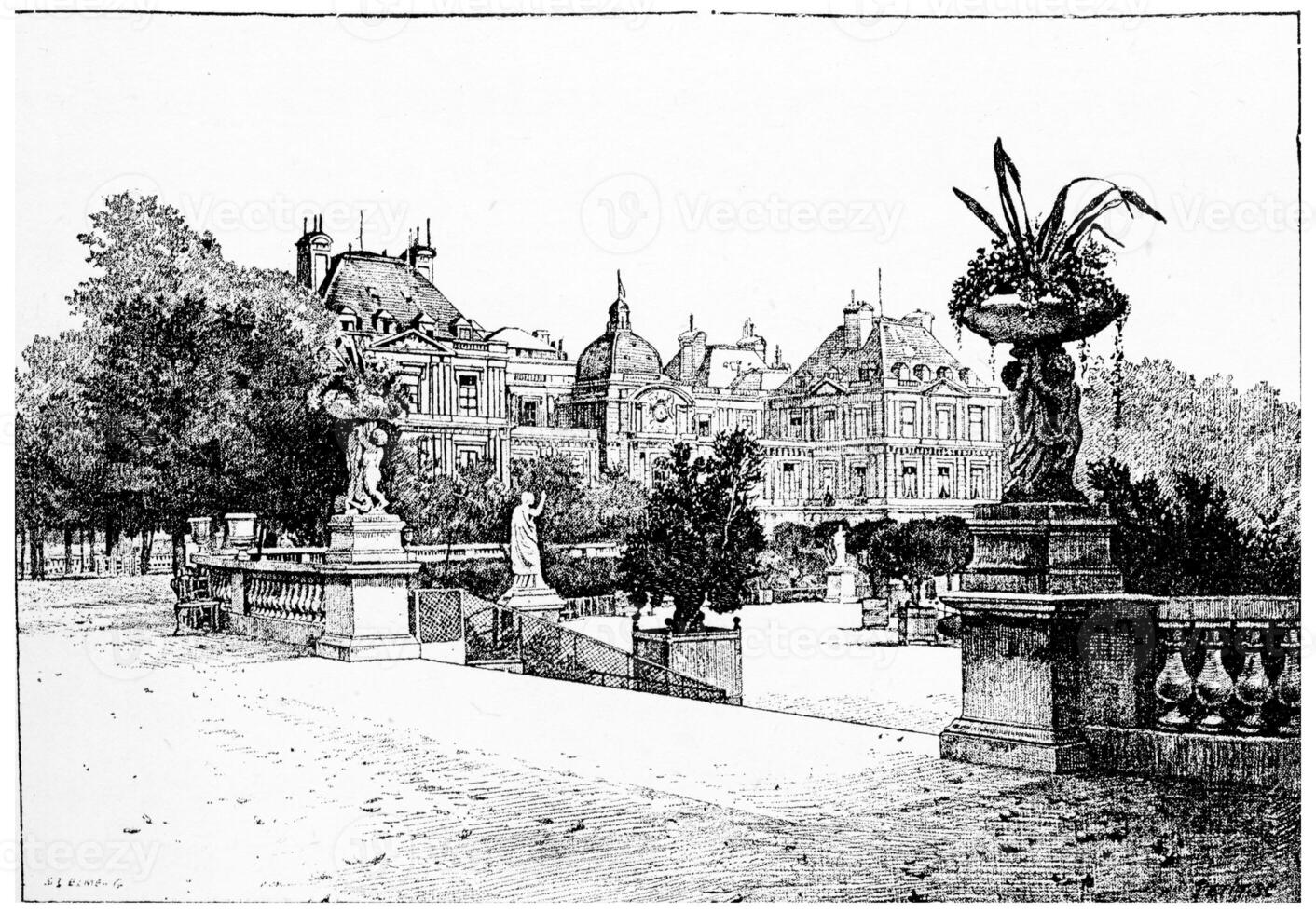 de Luxemburg paleis van de terras, wijnoogst gravure. foto