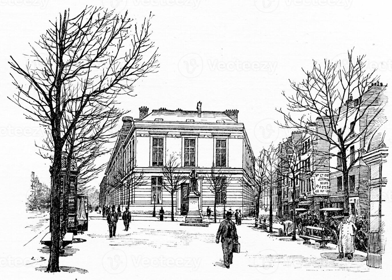 de nieuw gebouwen van de faculteit van geneeskunde tussen boulevard St. Germain en straat van de Medische faculteit, wijnoogst gravure. foto