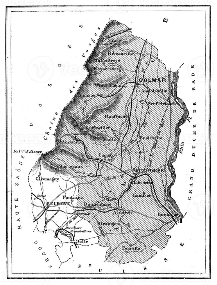 kaart van de afdeling van bas-rhin, wijnoogst gravure. foto