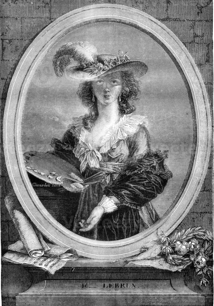 portret van mevrouw lebrun, schilder, wijnoogst gravure. foto