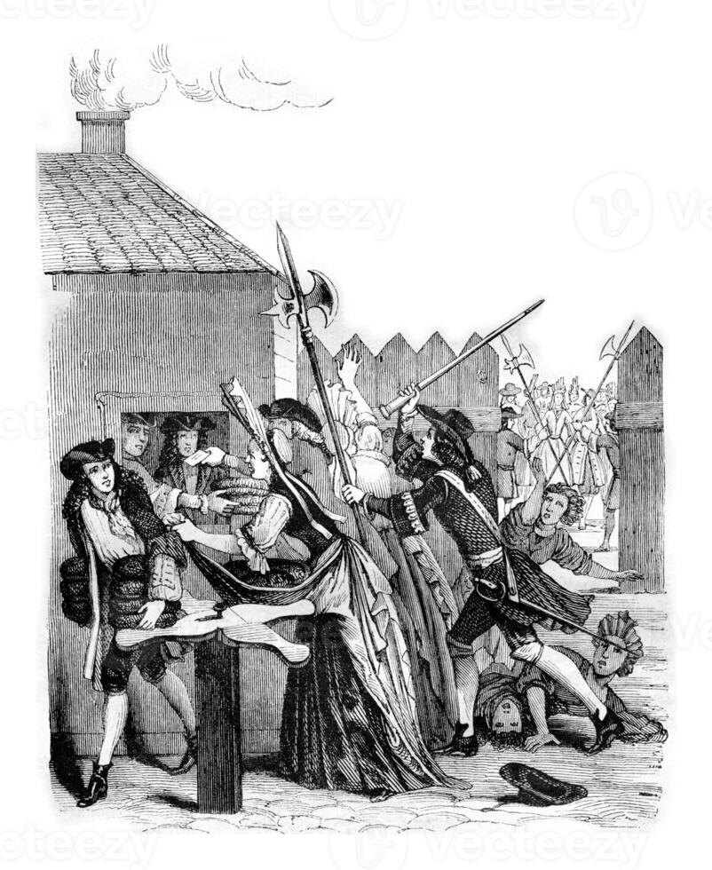 brood distributie Bij de rooster gedurende de 1709 hongersnood, wijnoogst gravure. foto