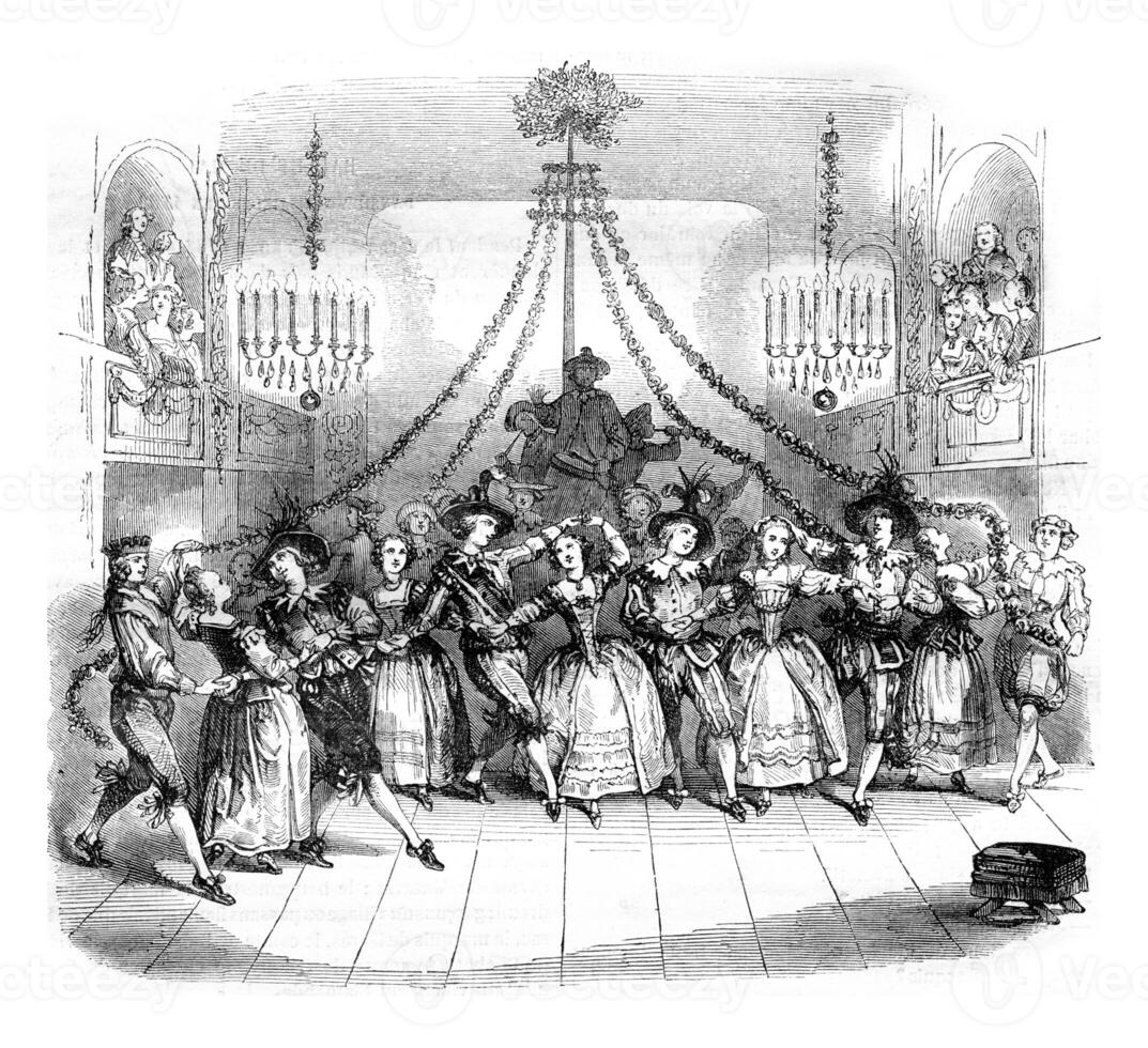 balzaal mei geeft Versailles gedurende de carnaval van de jaar 1763, wijnoogst gravure. foto
