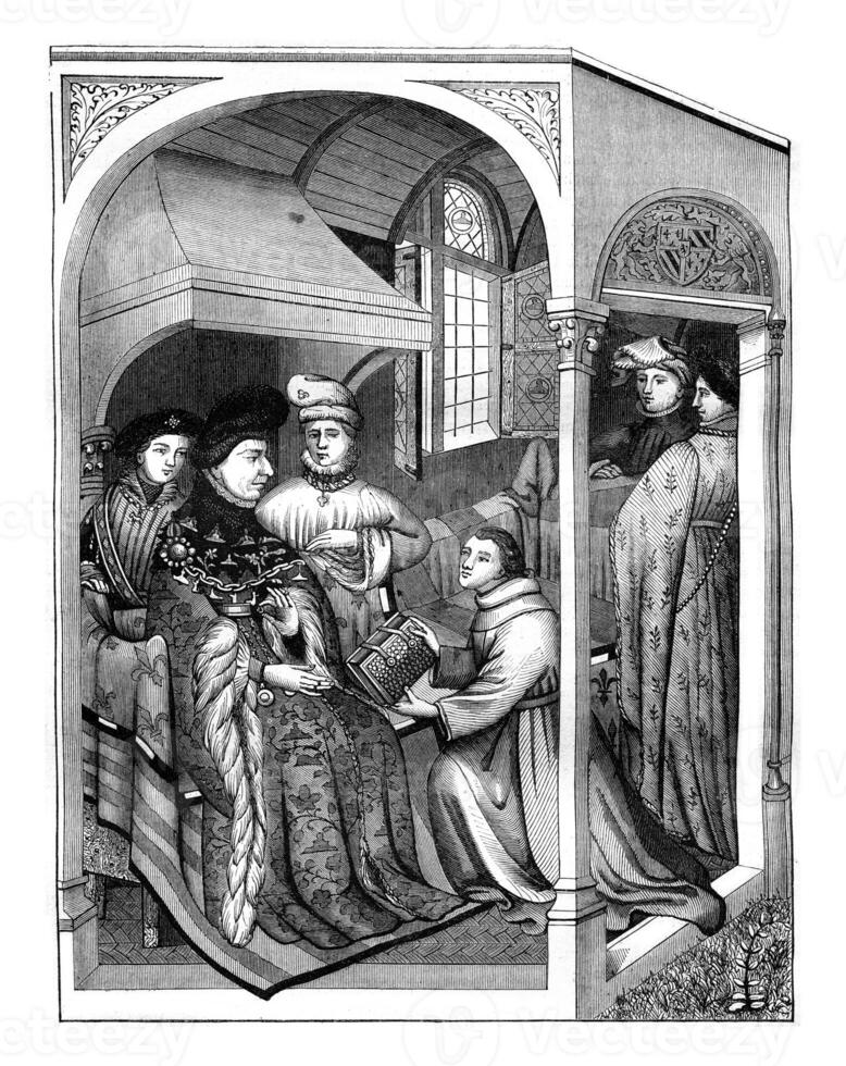 presentatie van een boek naar de hertog van bordeaux John de onverschrokken, Aan na een manuscript van de Koninklijk bibliotheek uitgevoerd in 1409, wijnoogst gravure. foto