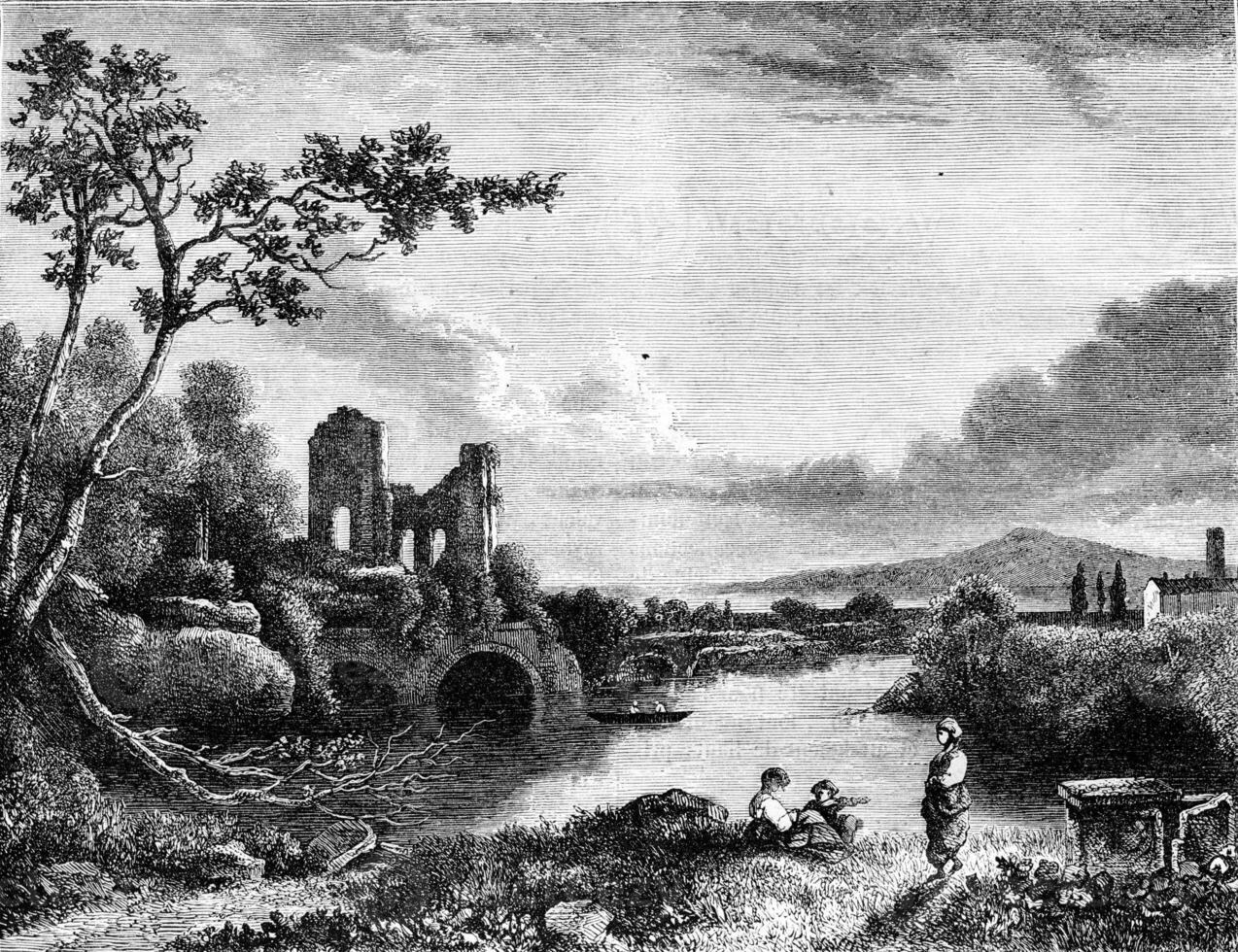 landschap door richard wilson, wijnoogst gravure. foto