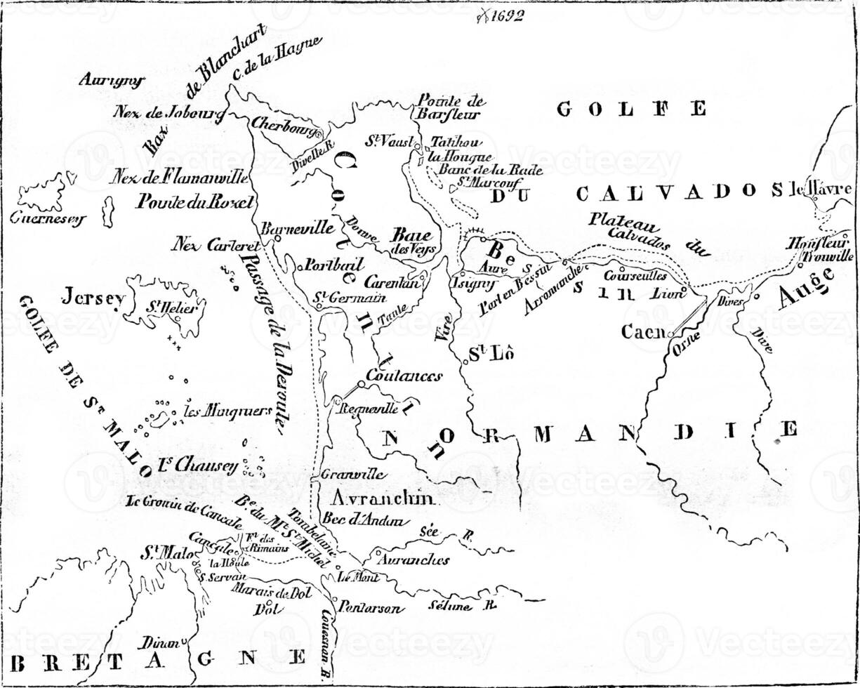 kaart zijden van calvados en cotentin, wijnoogst gravure. foto