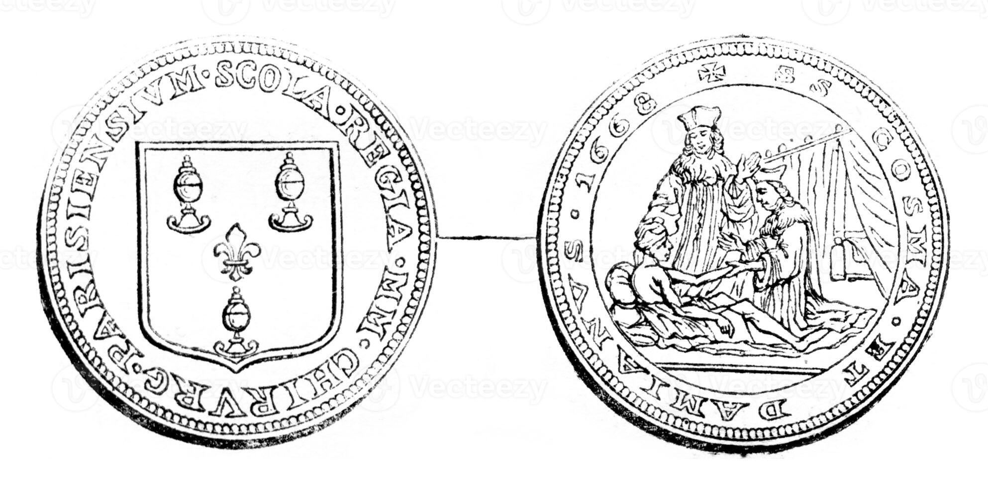 token van de broederschap van chirurgen van Parijs, onder de aanroeping van st. kosmas en damian, wijnoogst gravure. foto