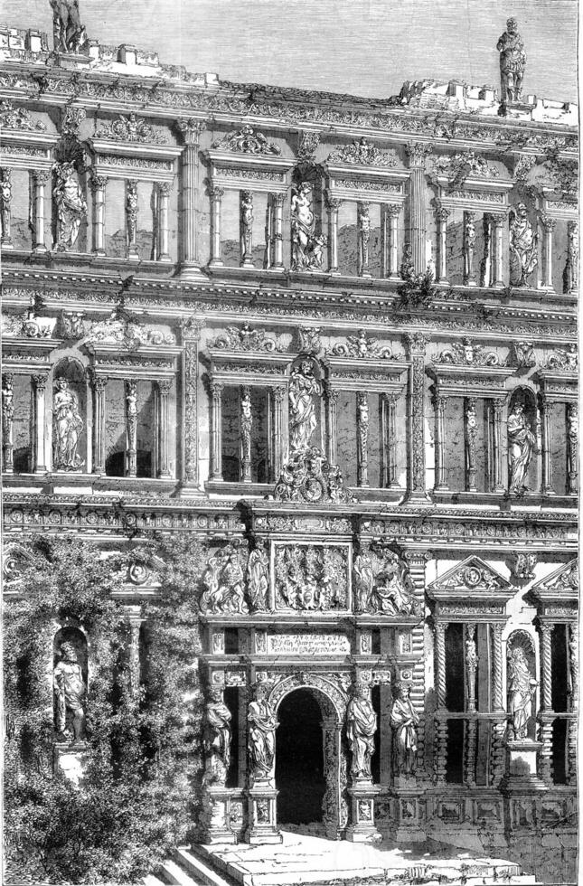 kasteel van heidelberg, detail van de facade van de paleis van auron henri, wijnoogst gravure. foto