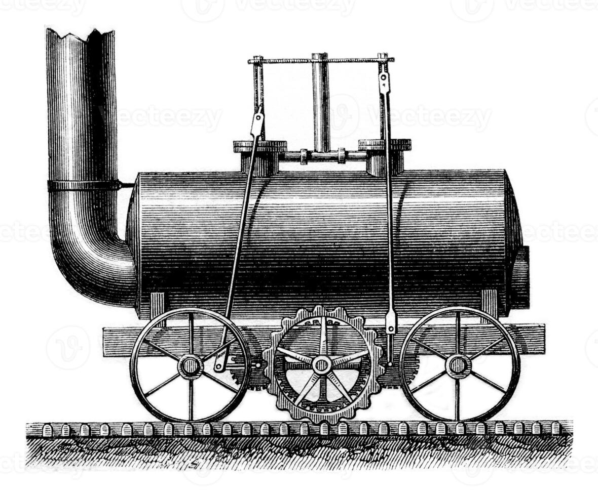gekoppeld wielen locomotief van blenkinsop, wijnoogst gravure. foto