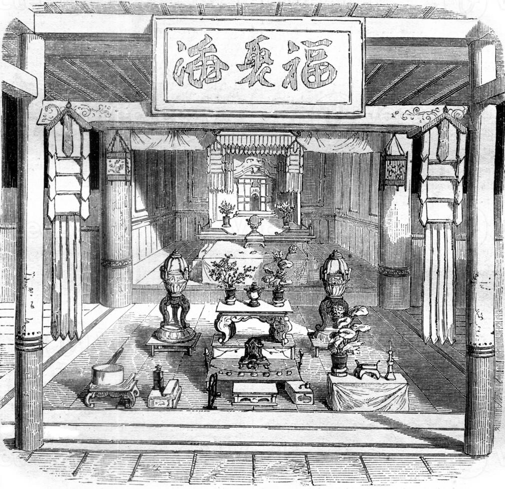 interieur visie van een boeddhistisch tempel, wijnoogst gravure. foto