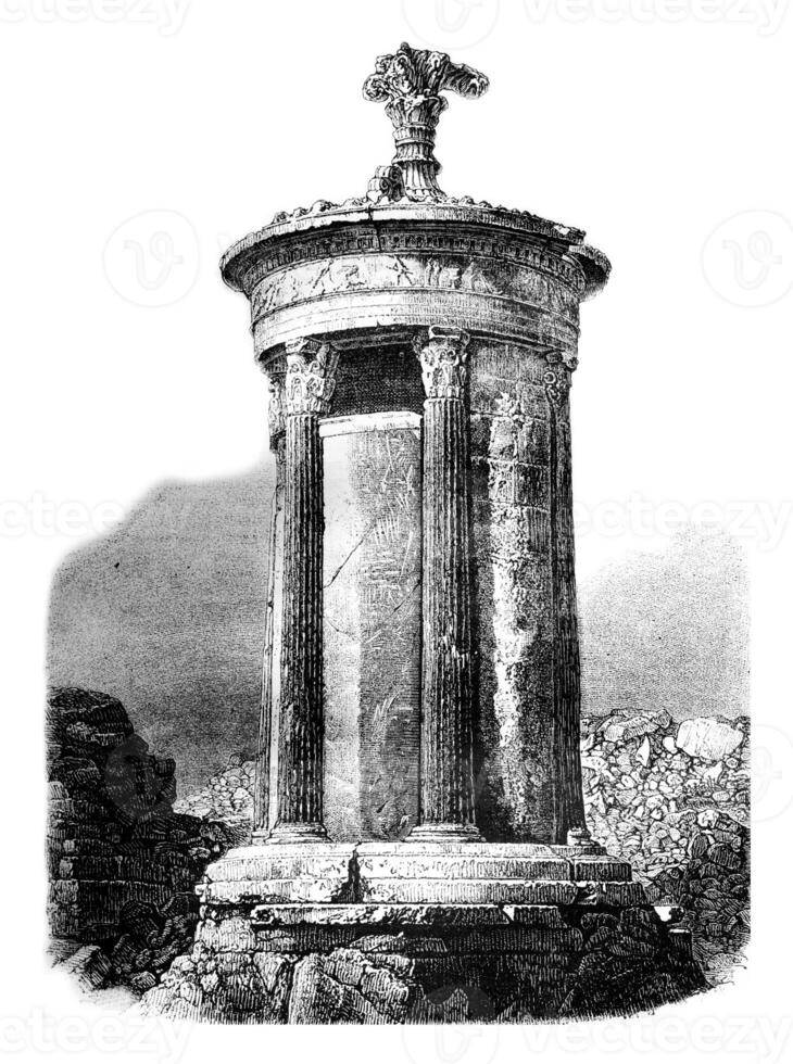 choragisch monument van lysicrates, wijnoogst gravure. foto