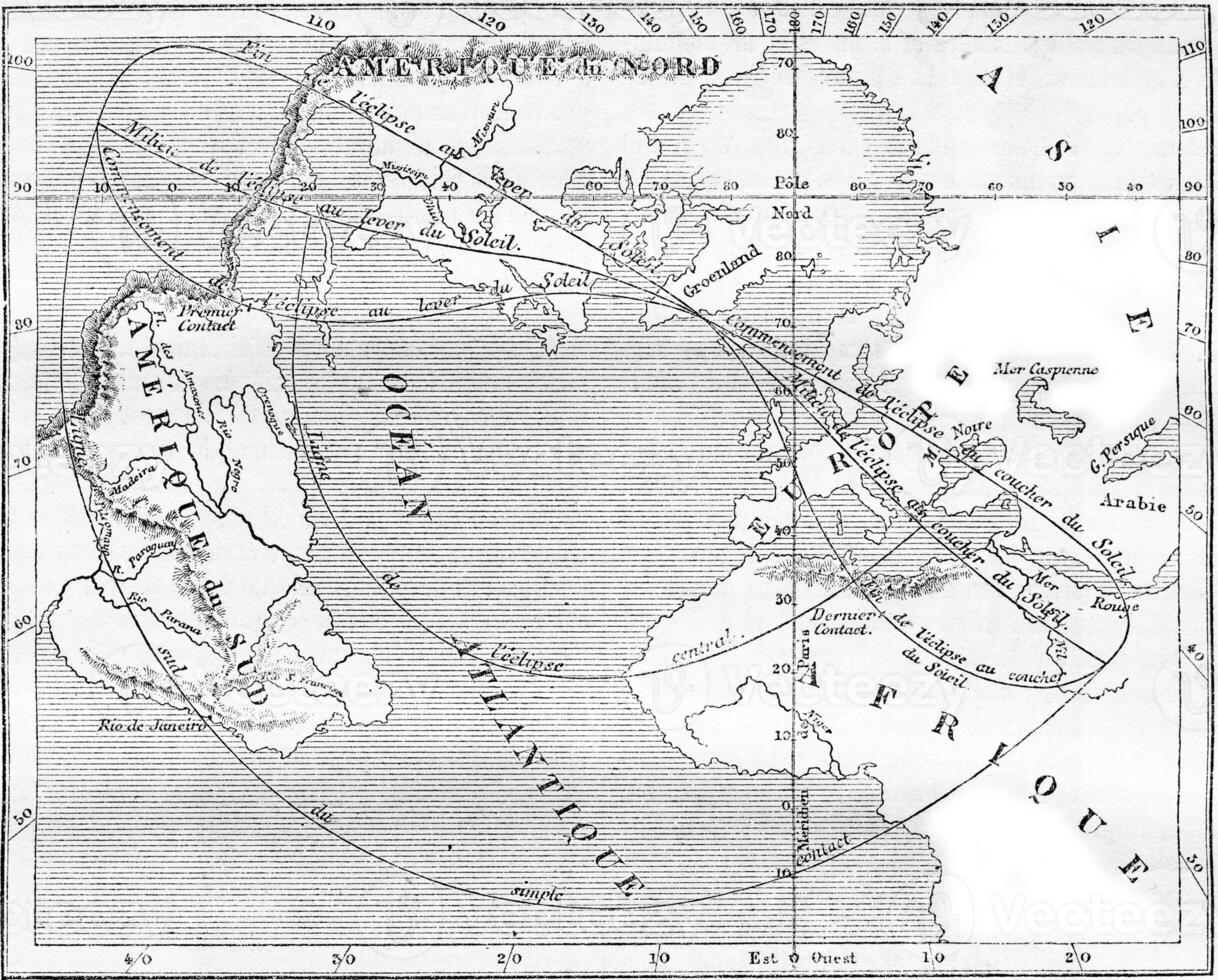 kaart van de zon verduistering van december 31, 1861, wijnoogst gravure. foto