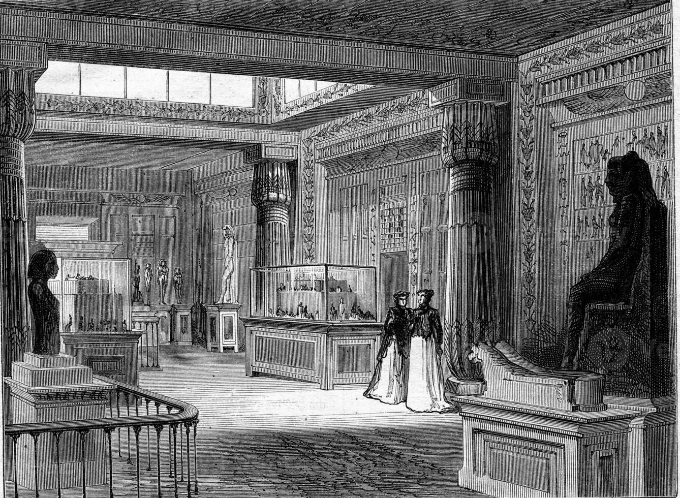 wereld expo 1867 binnen visie van de Egyptische tempel, wijnoogst gravure. foto