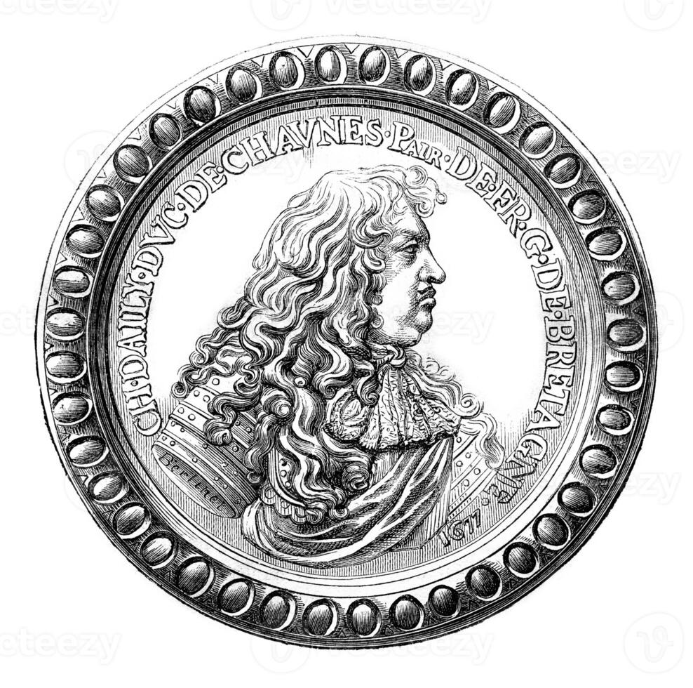 de hertog van chaulnes, gouverneur van Brittannië, Aan de medaille na de kabinet behouden medailles, wijnoogst gravure. foto