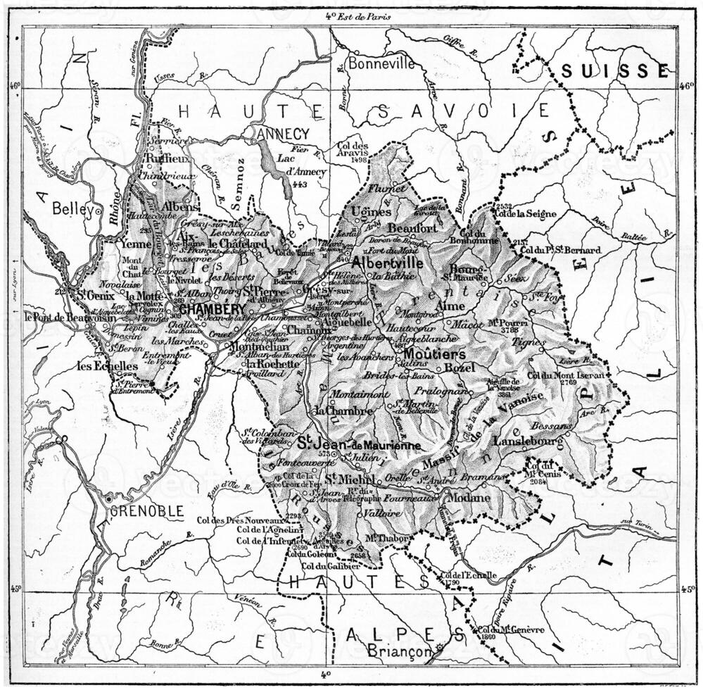 kaart van afdeling van savoie wijnoogst gravure foto