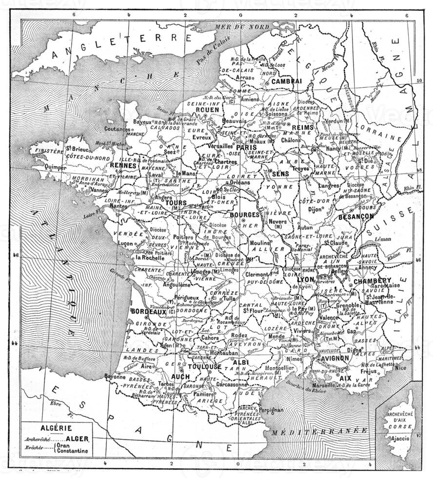 religieus kaart van Frankrijk, wijnoogst gravure. foto