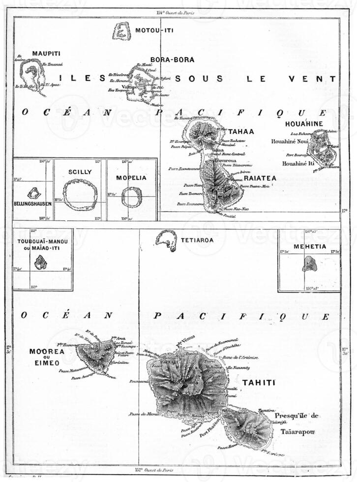 kaart van Tahiti eiland wijnoogst gravure foto