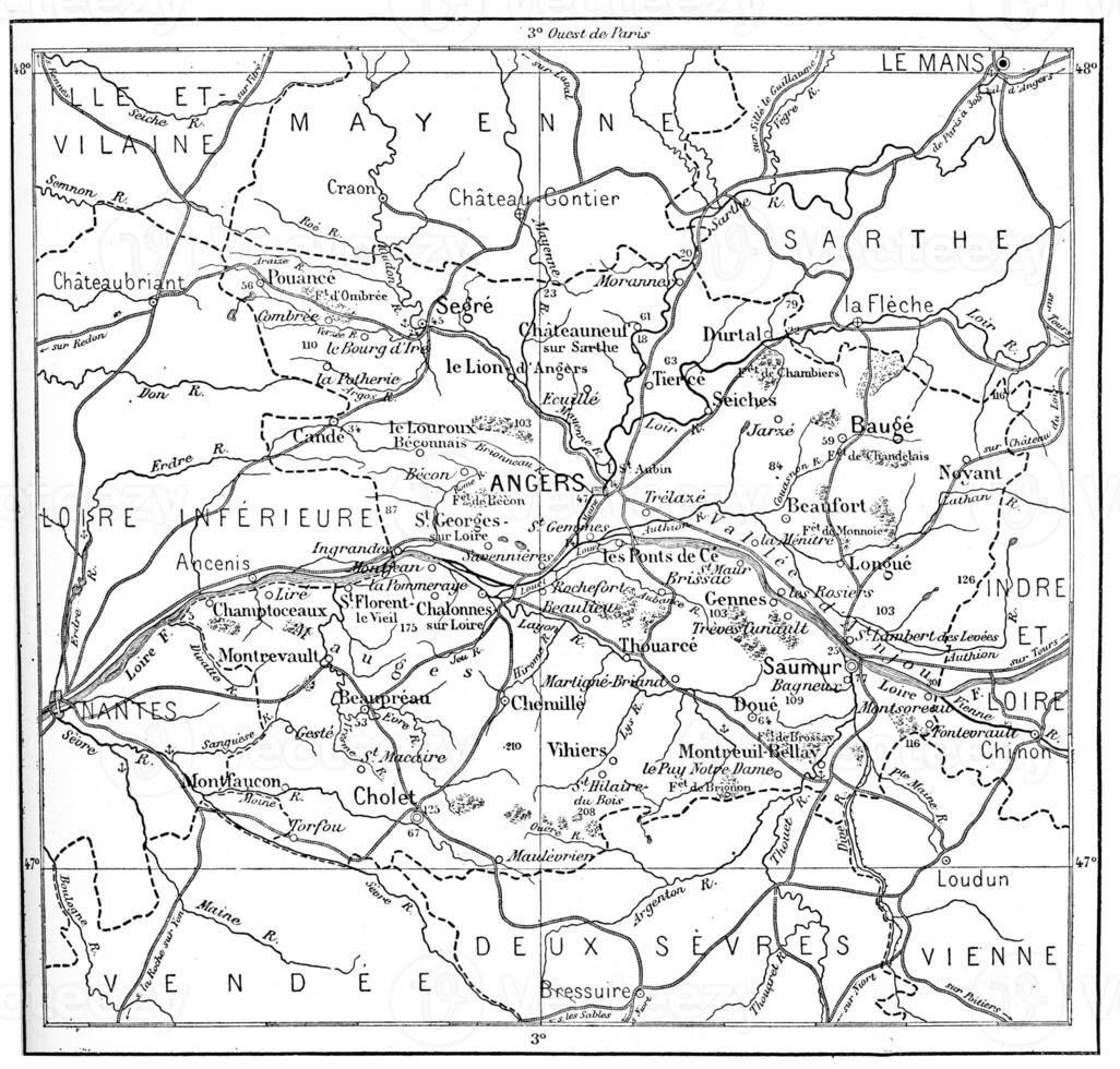 topografisch kaart van afdeling van maine-et-loire in pays de la loire, Frankrijk, wijnoogst gravure foto