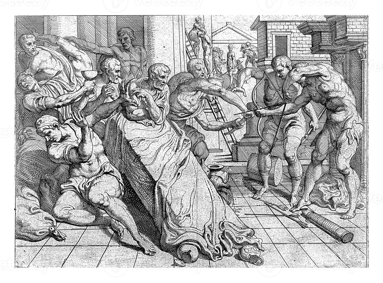 Odysseus met zijn boog doodt een van de vrijers, wijnoogst illustratie. foto