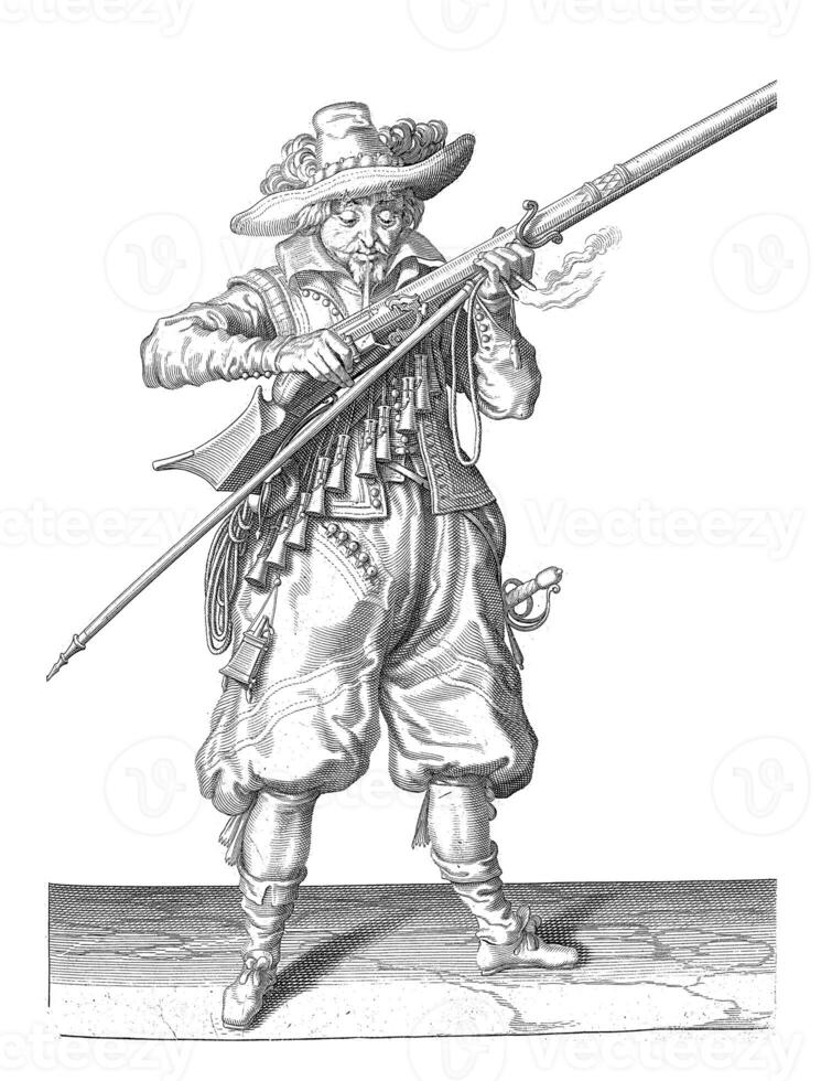 soldaat blazen buskruit van zijn musket, wijnoogst illustratie. foto