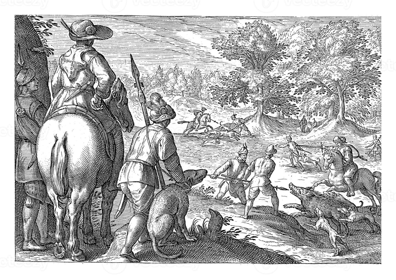 landschap met wild zwijn jacht, Egbert jansz, na antonio storm, 1598 foto