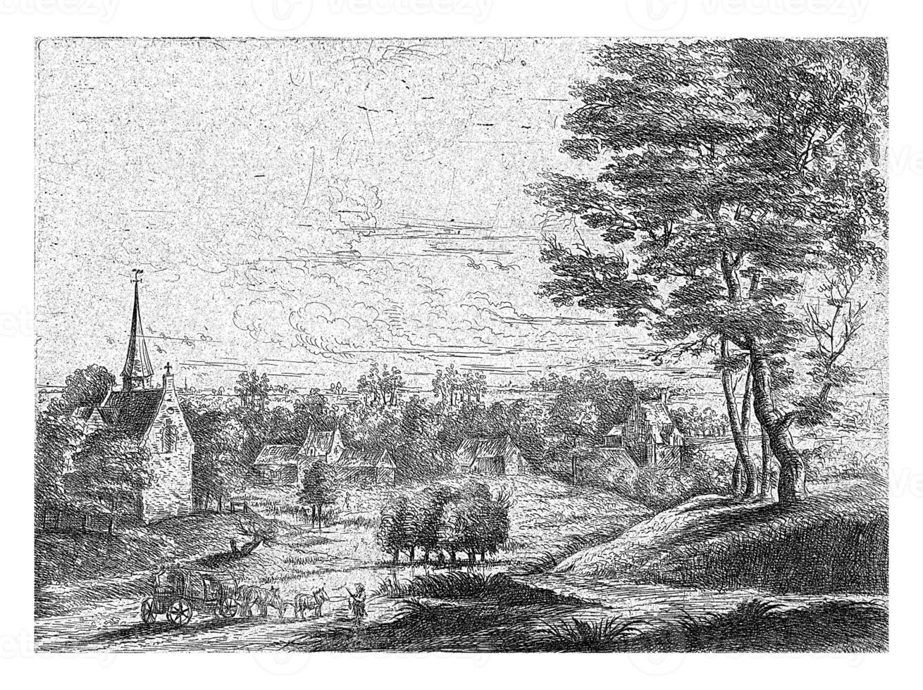 visie van een dorp met een gedekt wagen, lucas busje uden, 1605 - 1673 foto