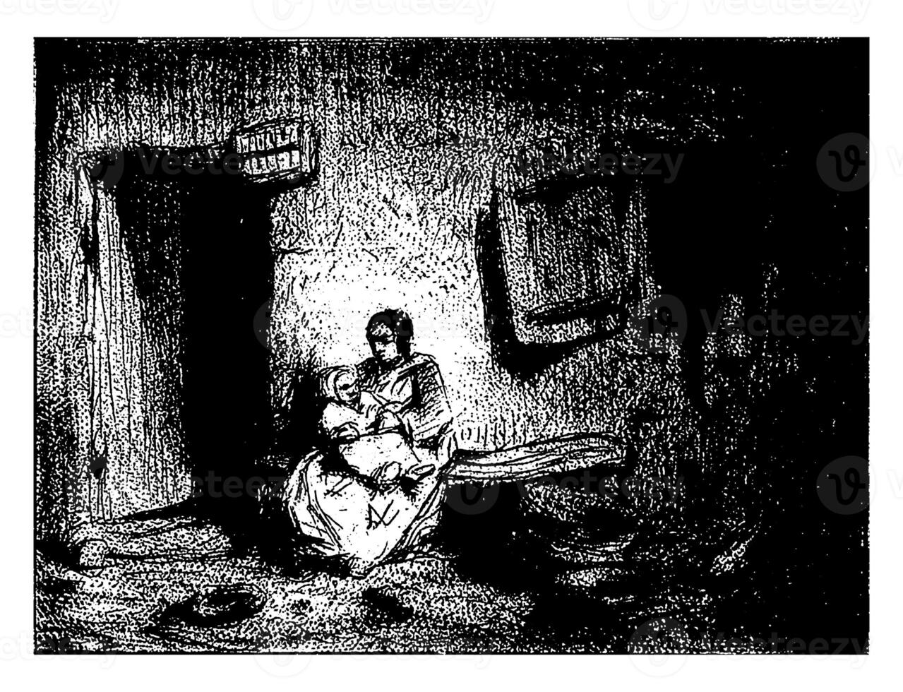 vrouw met kind Aan een bank tegen een facade, Charles emile jacque toegeschreven aan tot, 1843 foto