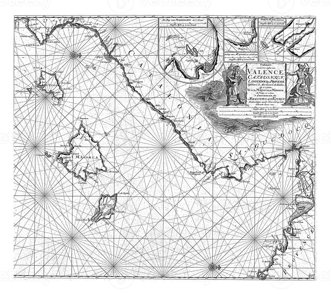 paspoort kaart van een deel van de oosten- kust van Spanje met de Balearen eilanden en een deel van de Frans kust, jan luiken foto