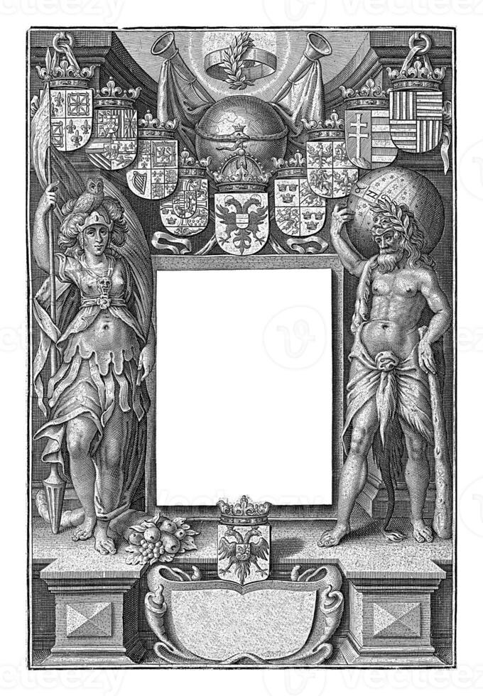 Hercules en Minerva staand Aan of kant van de titel cartouche gekroond foto